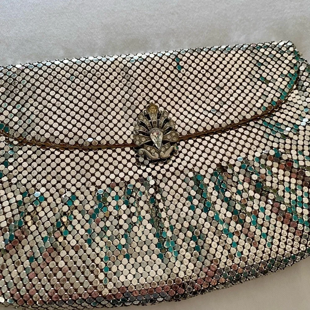 Whiting & Davis Co. Vintage Silver Mesh Evening Bag Clutch Rhinestone Closure